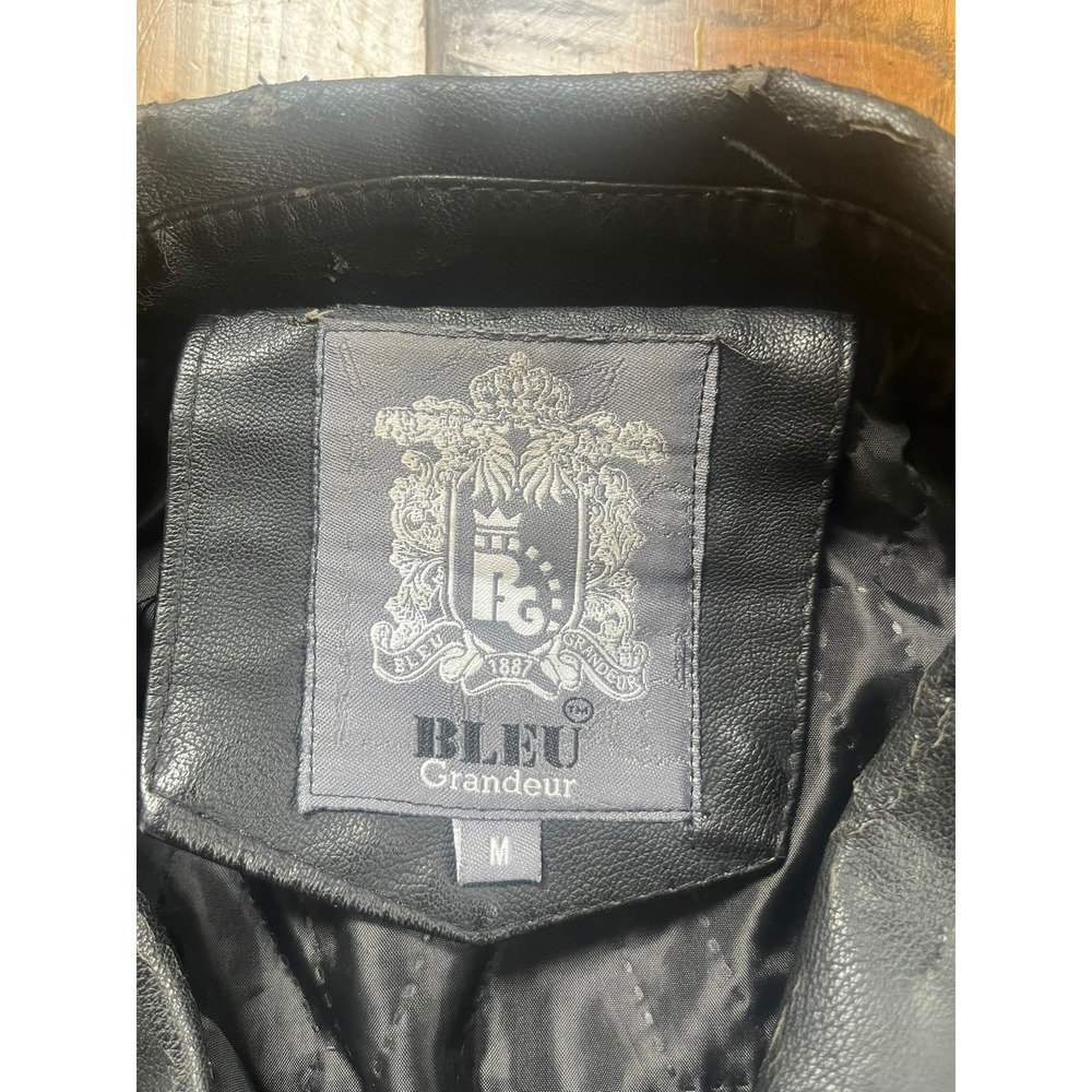 Bleu Grandeur Mens Faux Leather Moto Jacket Black Full Zip Quilted Lining Size M - Picture 4 of 7